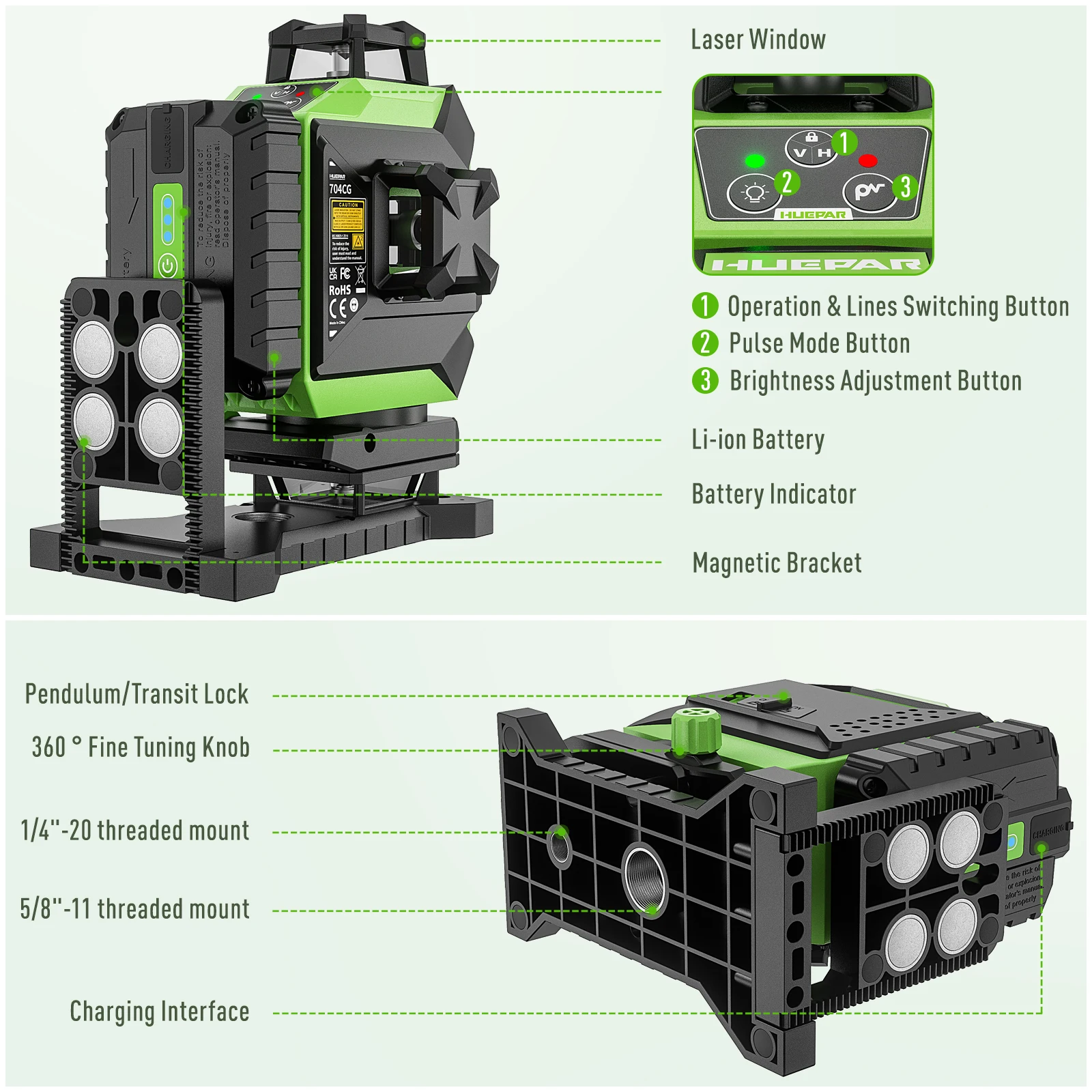 Laser Level 16 Lines 4D Green - Huepar 704CG - Nivel Láser Digital